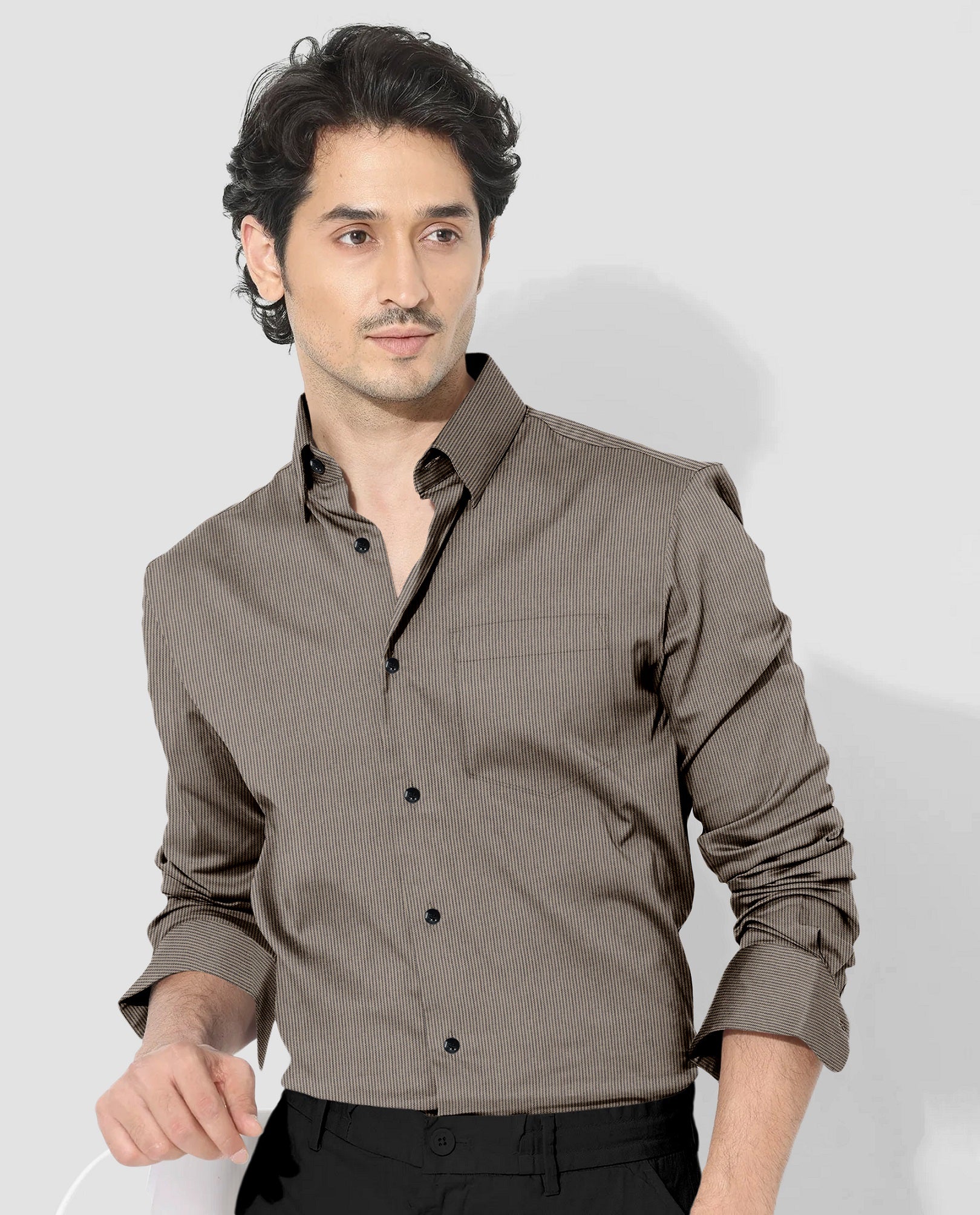 Parsnip Beige and Coal Black Herringbone Stripes Oxford Cotton Shirt