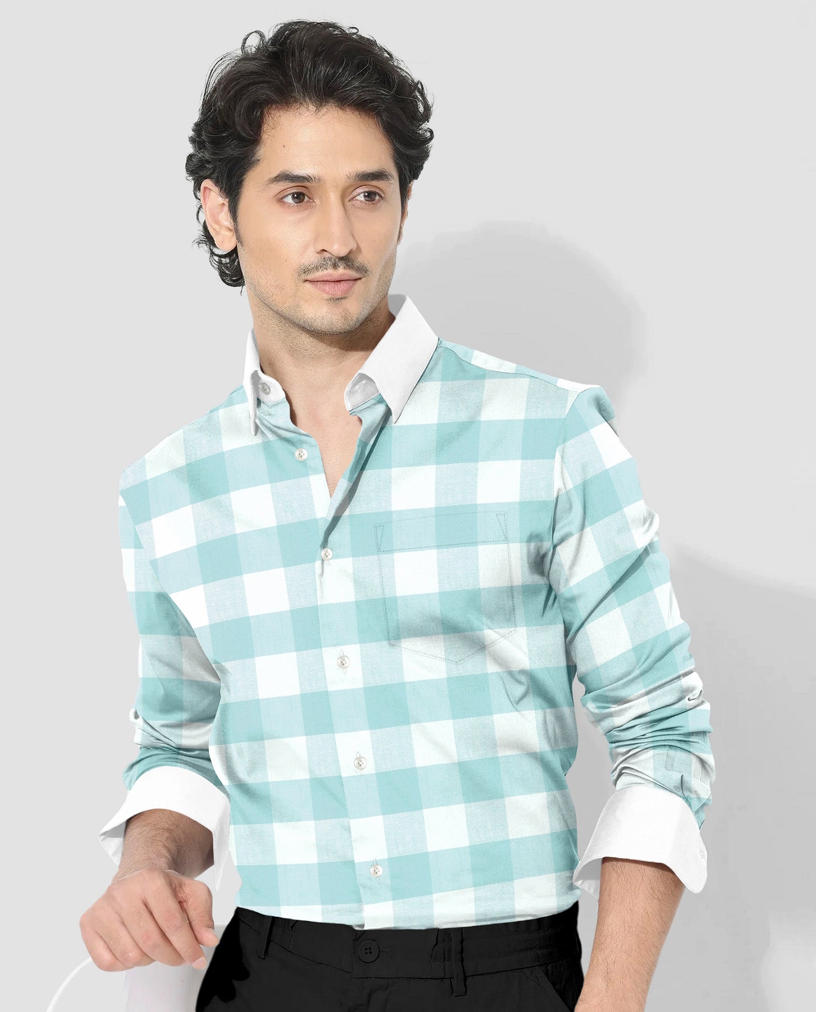 White and Turquoise Blue Buffalo Chekcs Oxford Designer Cotton Shirt