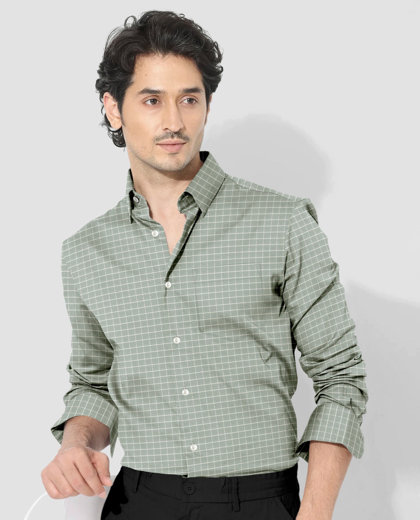 Avocado Green and Snow White Checks Cotton Shirt