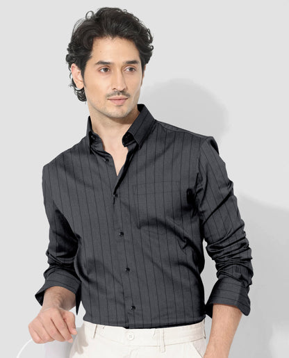 Shale Gray and Raven Black Pinstripes Oxford Cotton Shirt