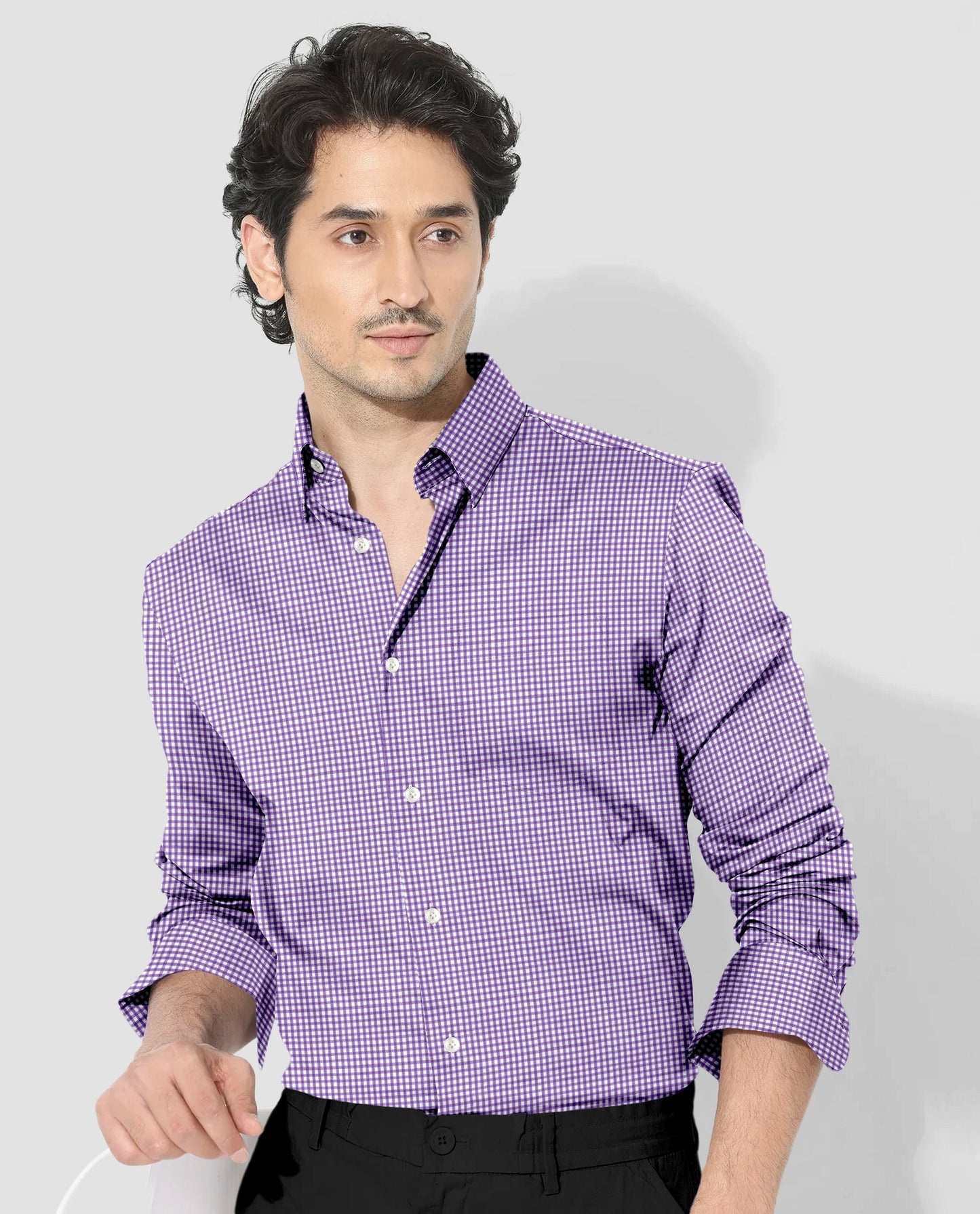 Bellflower Purple and White Gingham Checks Cotton Shirt