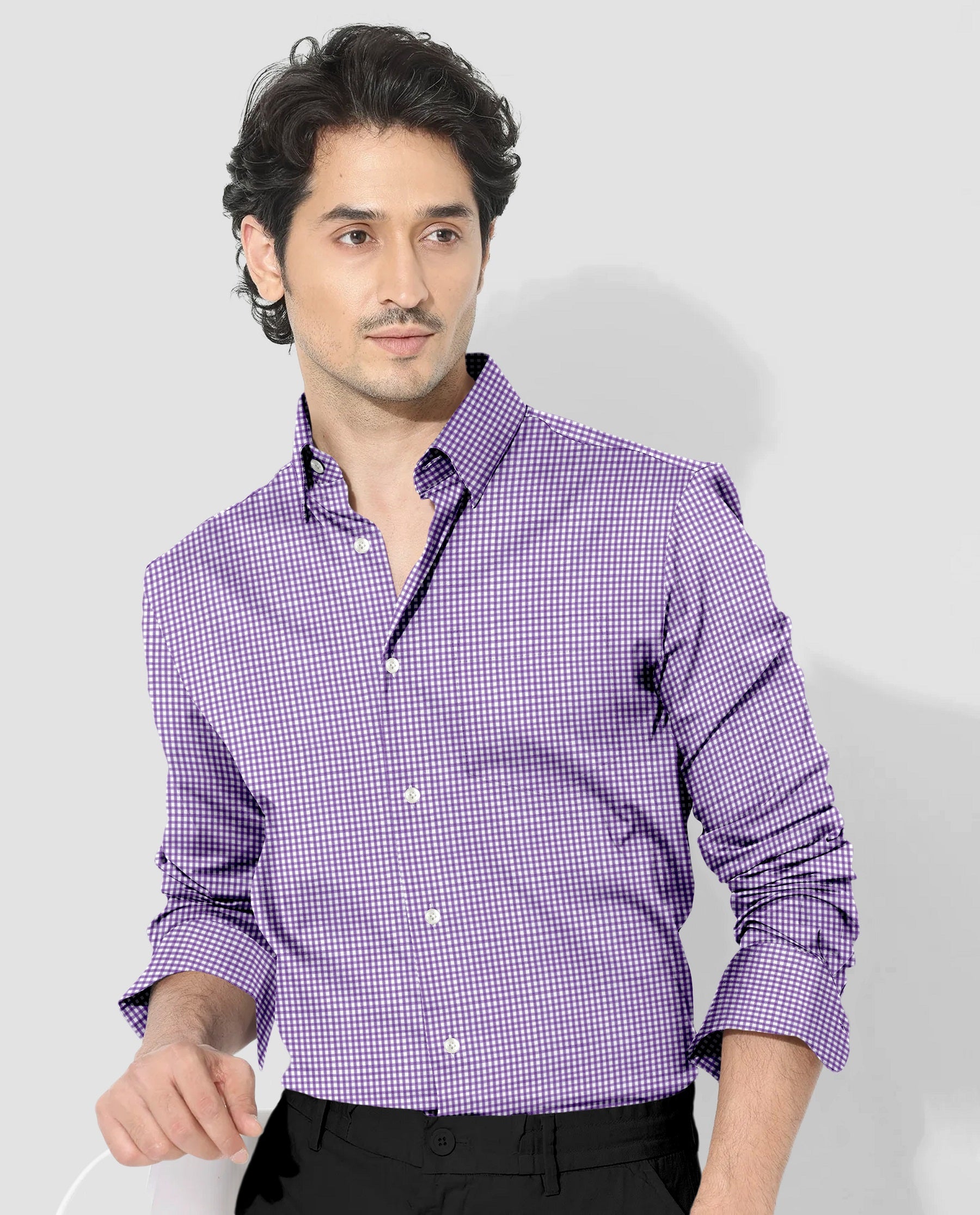 Bellflower Purple and White Gingham Checks Cotton Shirt