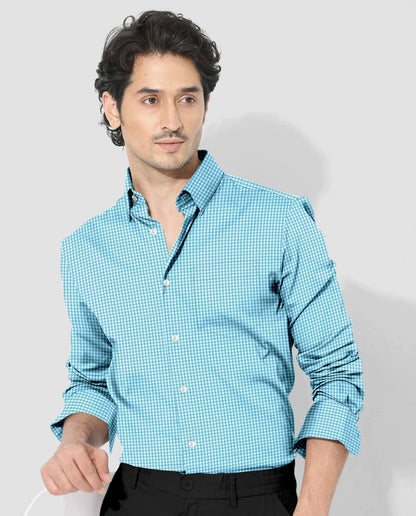 Aqua Blue and Porcelain White Gingham Checks Cotton Shirt