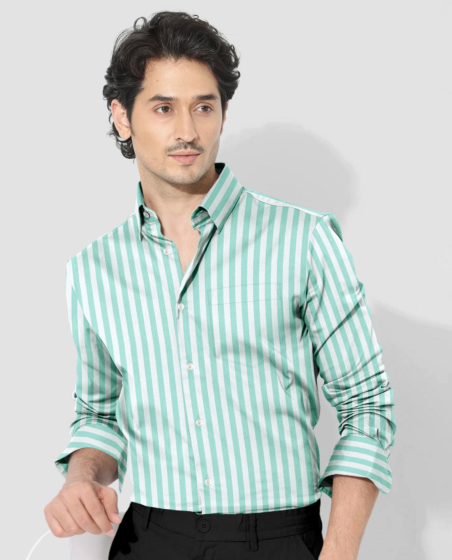 White and Turquoise Green Stripes Oxford Cotton Shirt