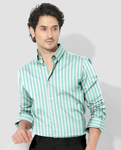 White and Turquoise Green Stripes Oxford Cotton Shirt
