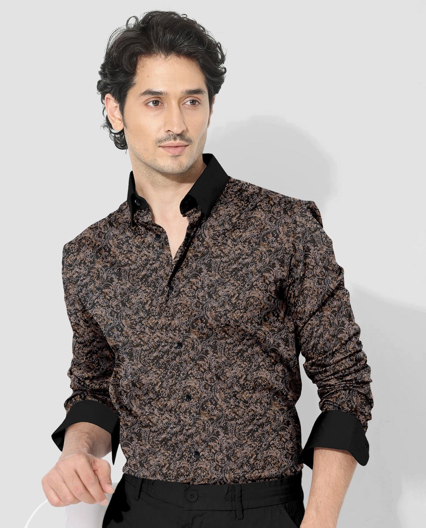 Carbon Black and Nutria Brown Paisley Pattern Printed Designer Cotton Shirt