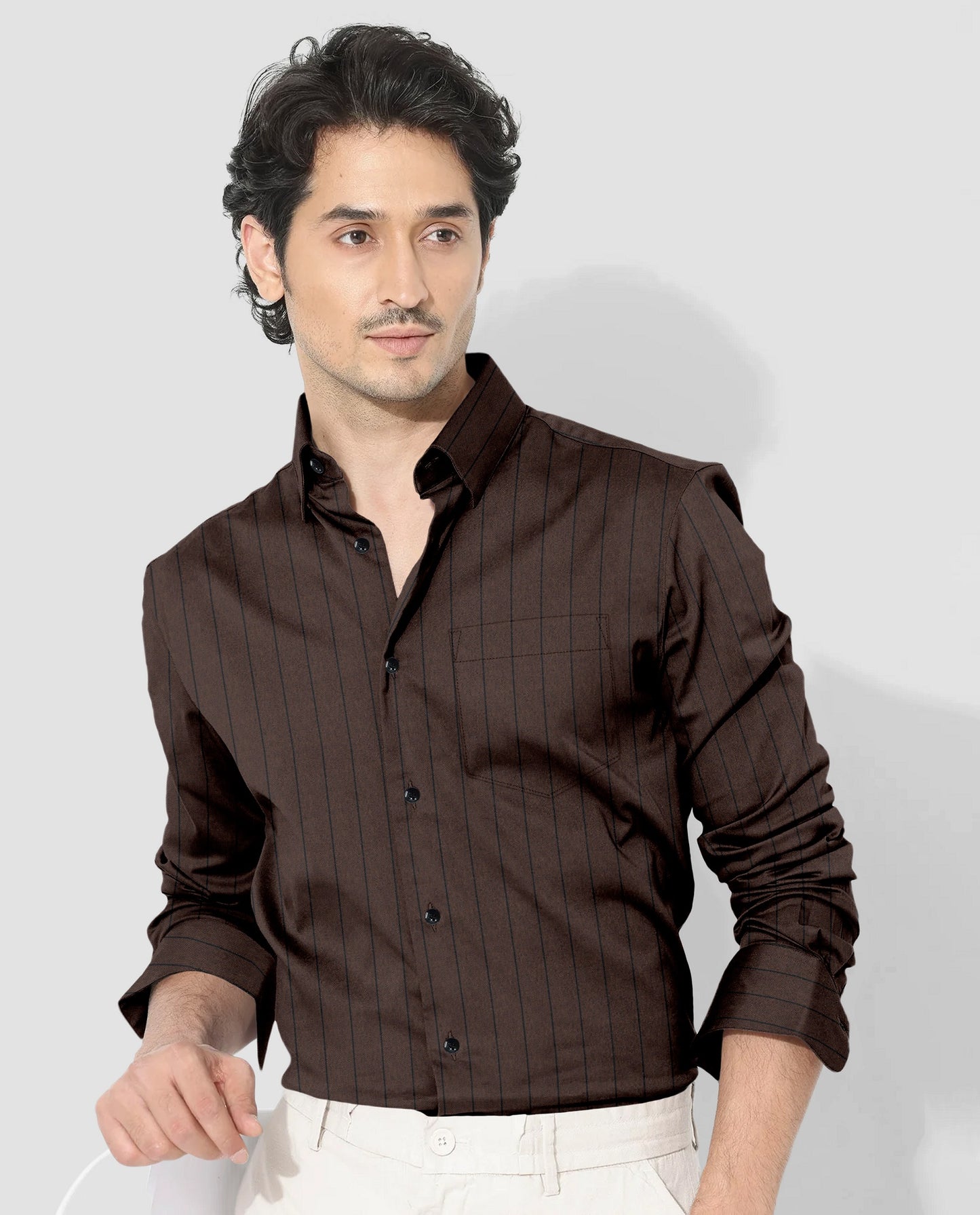 Pecan Brown and Raven Black Pinstripes Oxford Cotton Shirt