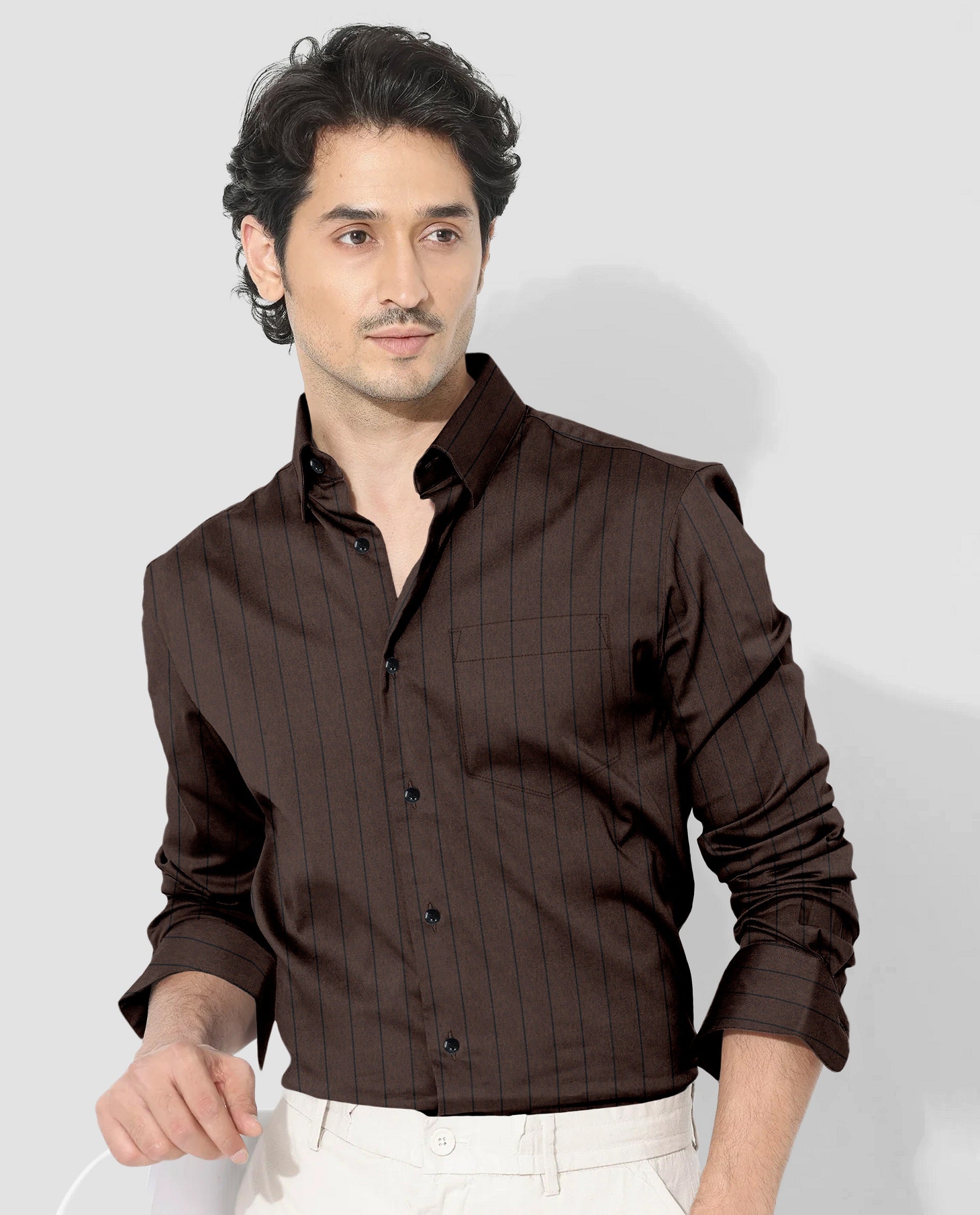 Pecan Brown and Raven Black Pinstripes Oxford Cotton Shirt