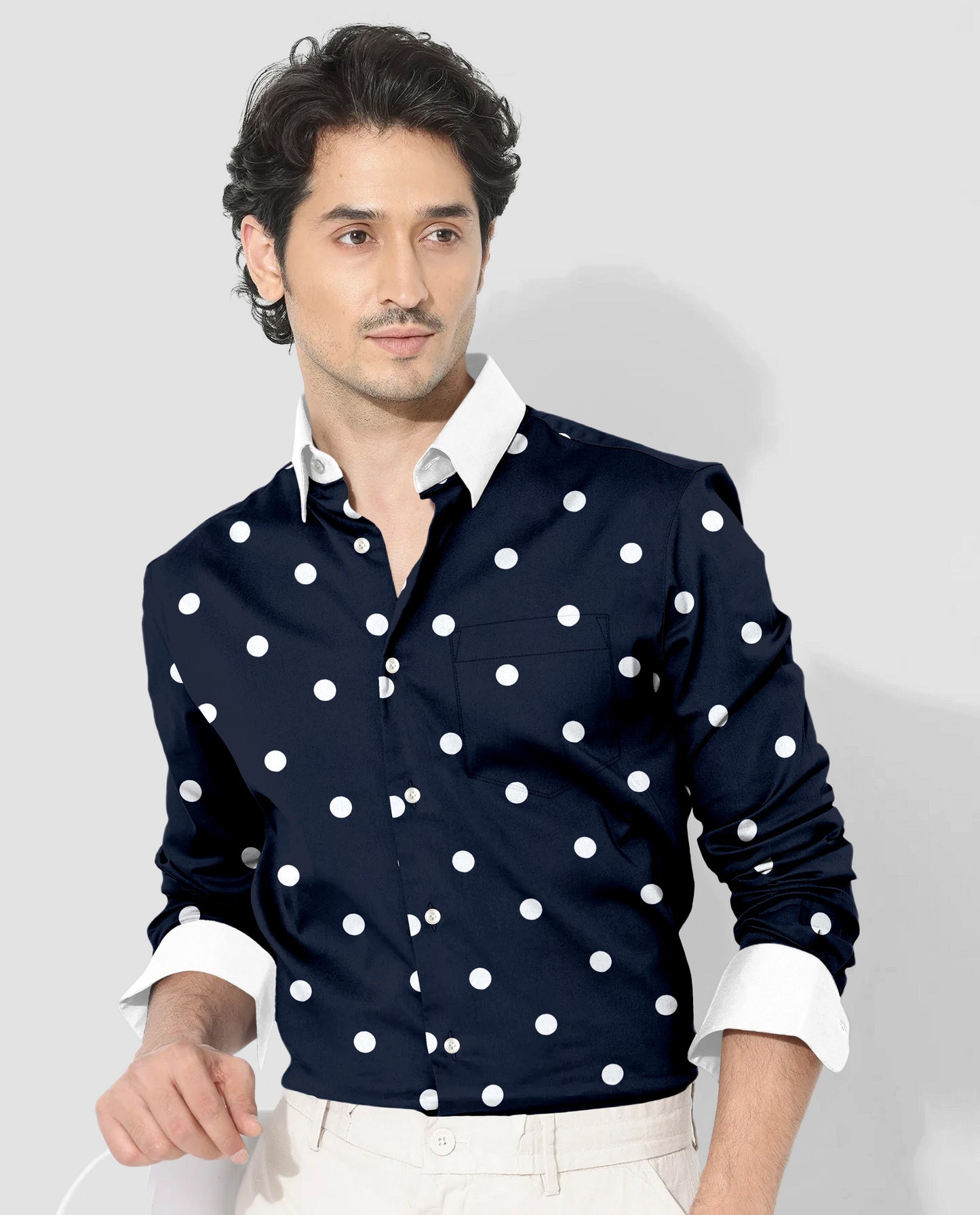 Moonlit Blue and Silk White Polka Dots Printed Designer Cotton Shirt