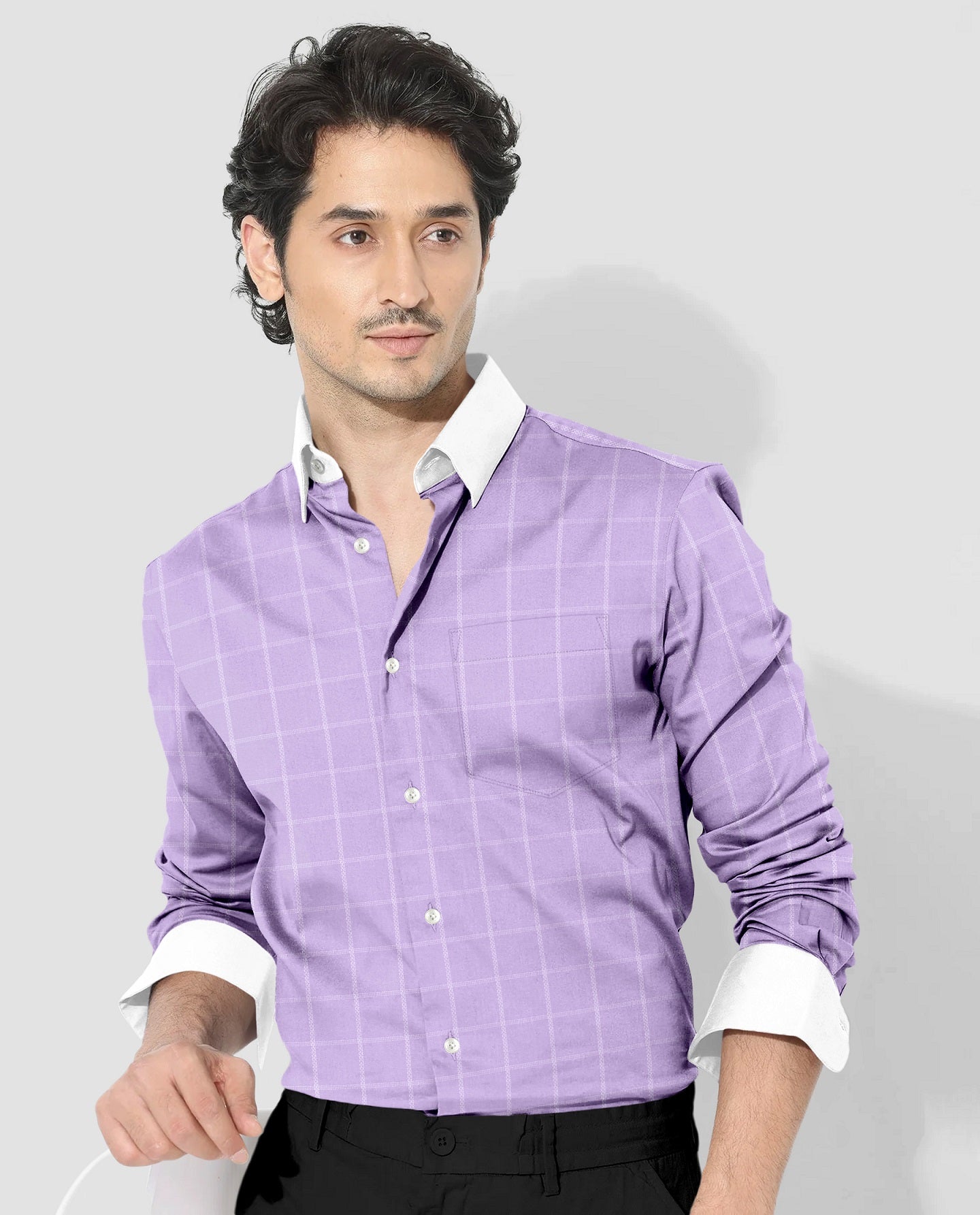 Sheer lilac Purple and Frost White Checks Designer Cotton Shirt