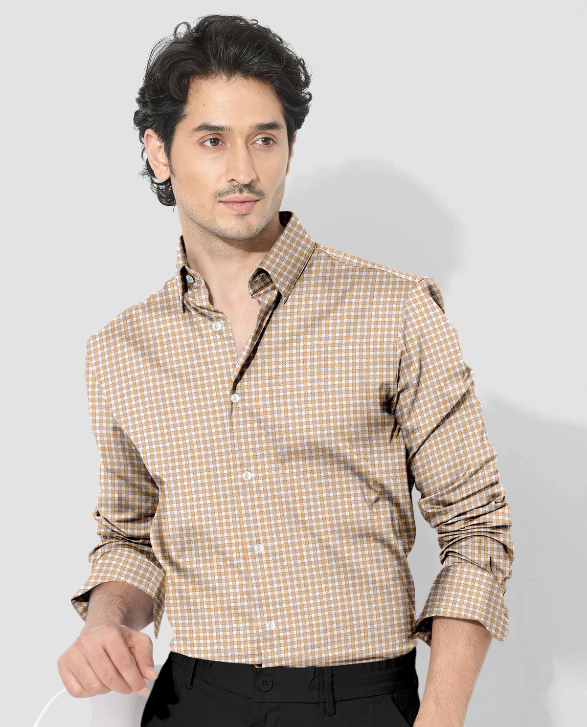 Buckskin Cream and Milk White Gingham Shepherd Checks 2 Ply Giza Cotton Shirt