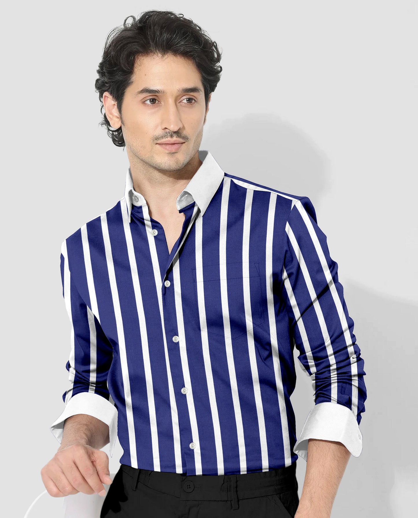 Regal Blue with White Wide Chalk Stripes Designer Cotton Shirt