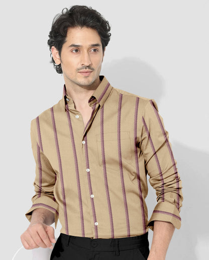 Beige with Millennial Pink and Mellow Mauve Pink Jacquard Stripes Premium Egyptian Giza Cotton Shirt