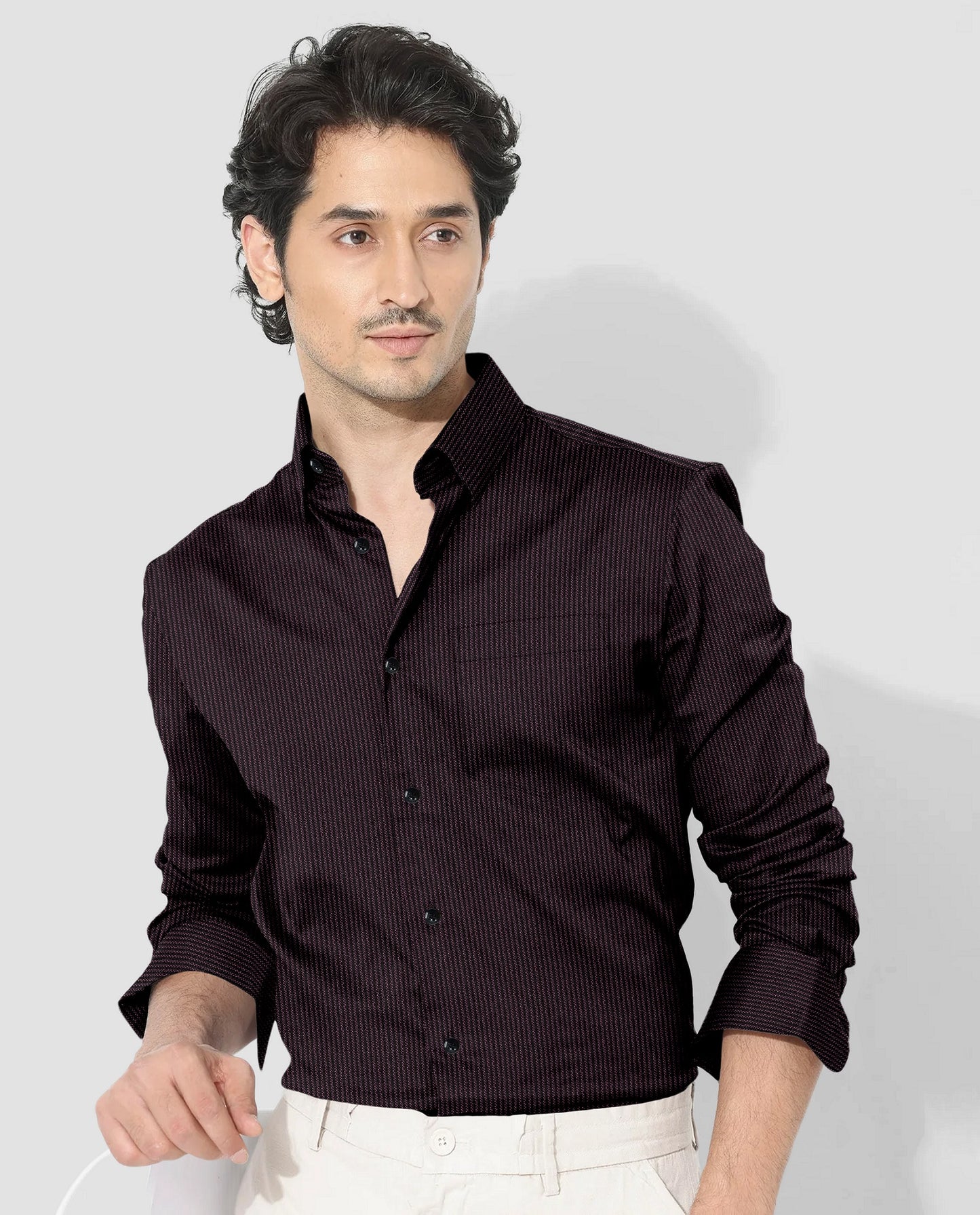 Jade Black and fuchsia Red Herringbone Stripes Oxford Cotton Shirt