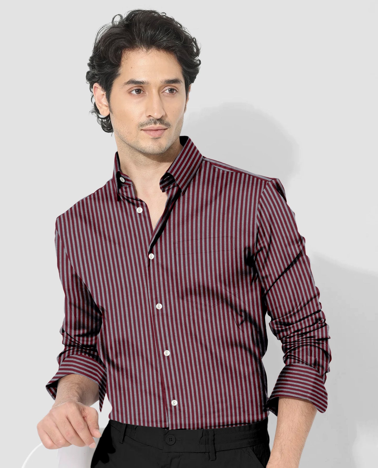 Cabernet Red and Portabella Grey Stripes Cotton Shirt