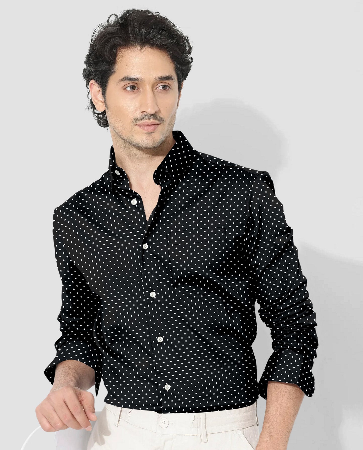 Carbon Black and White Polka Dots Printed Cotton Shirt
