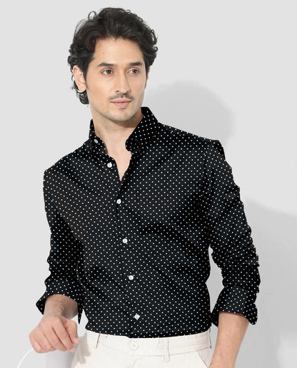 Carbon Black and White Polka Dots Printed Cotton Shirt
