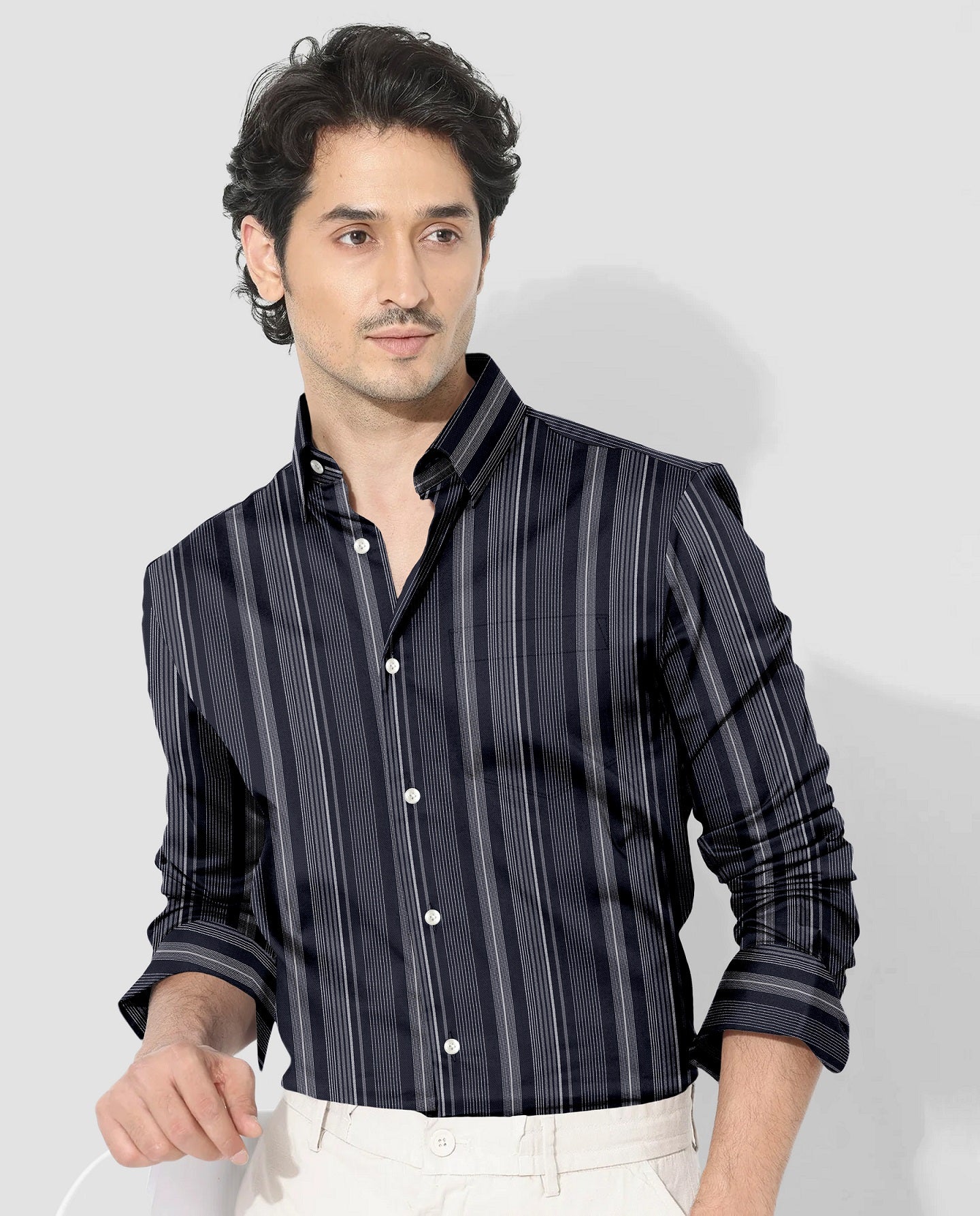 Dark Sapphire Blue and Sleet Gray Multitrack Thread Dash Stripes 2 ply Cotton Shirt