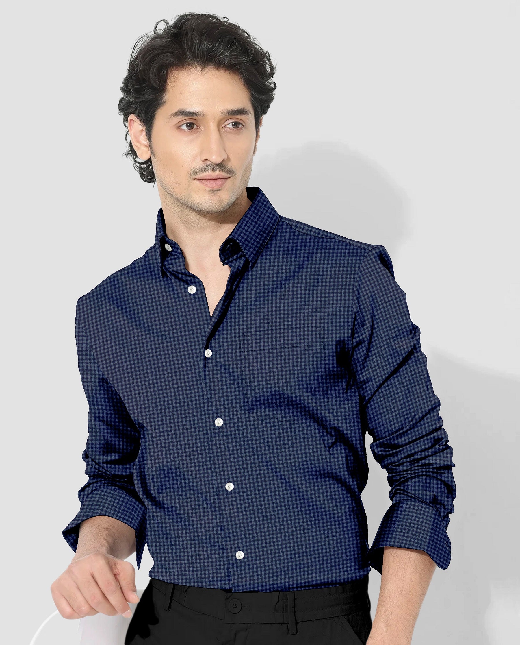 Charcoal Gray and Medieval Blue Gingham Checks Cotton Shirt