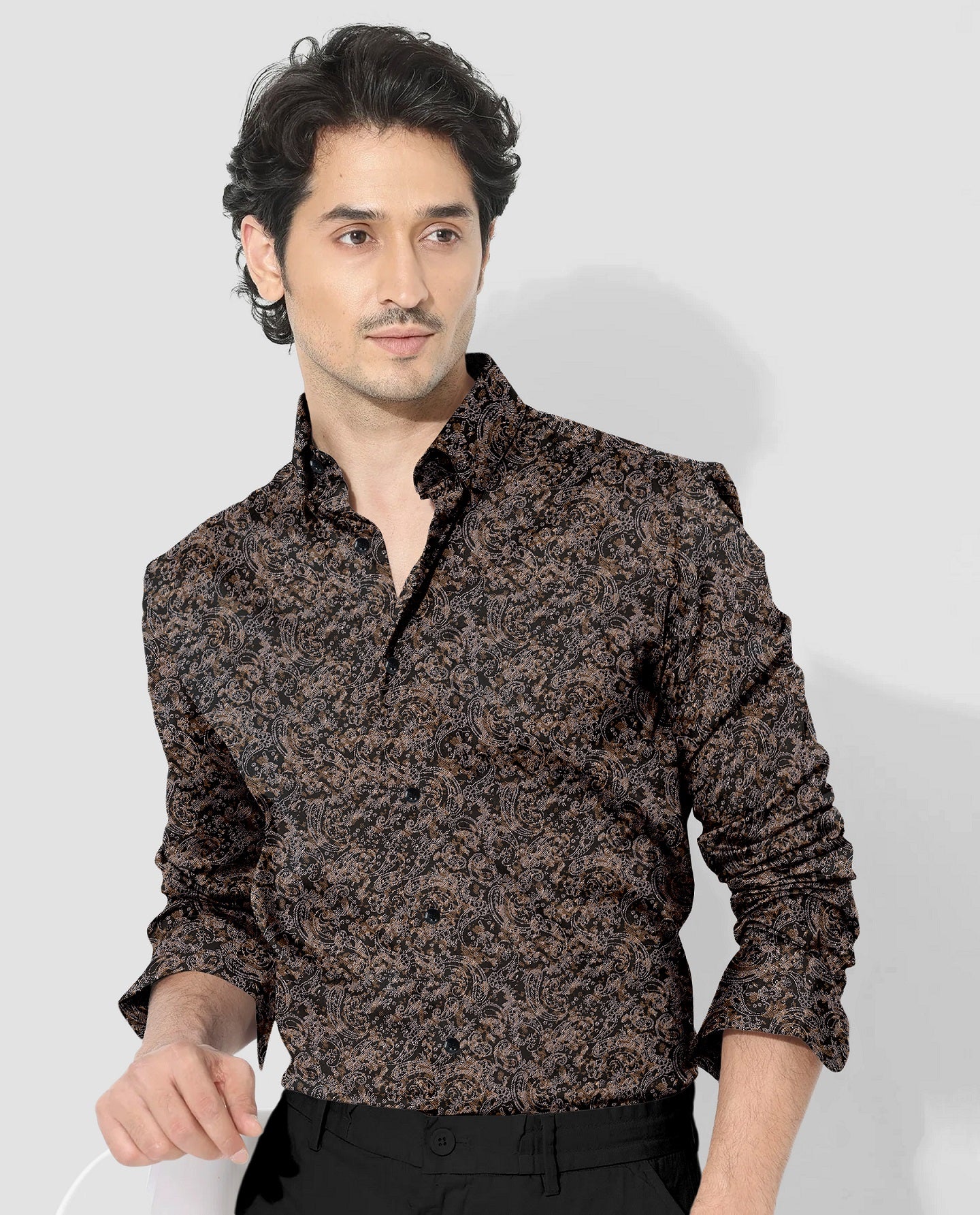 Carbon Black and Nutria Brown Paisley Pattern Printed Cotton Shirt