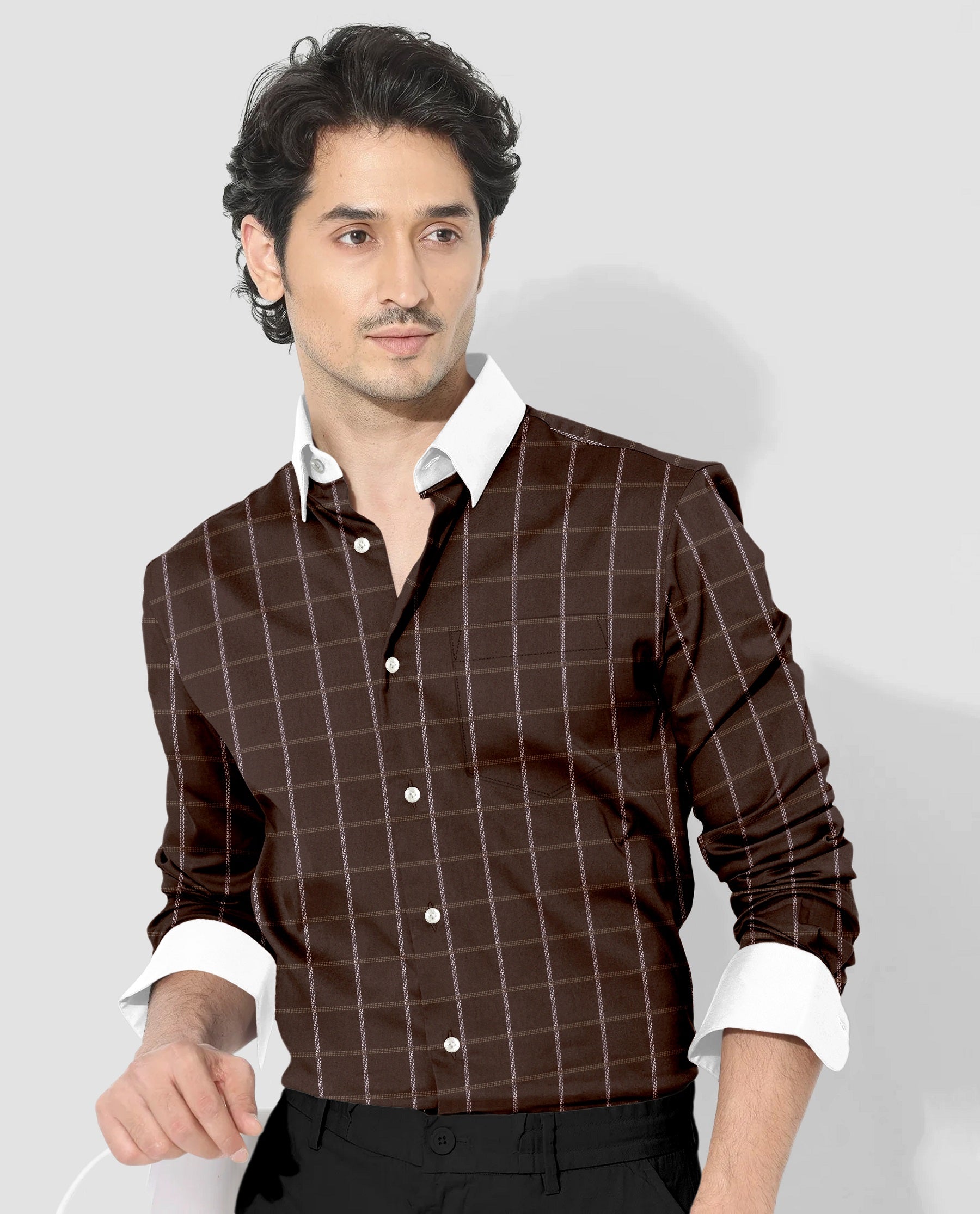 Carob Brown with White and Argan Brown Dash Checks Designer Cotton Shirt