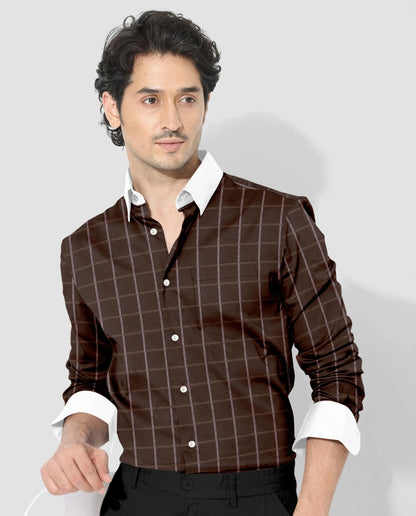 Carob Brown with White and Argan Brown Dash Checks Designer Cotton Shirt