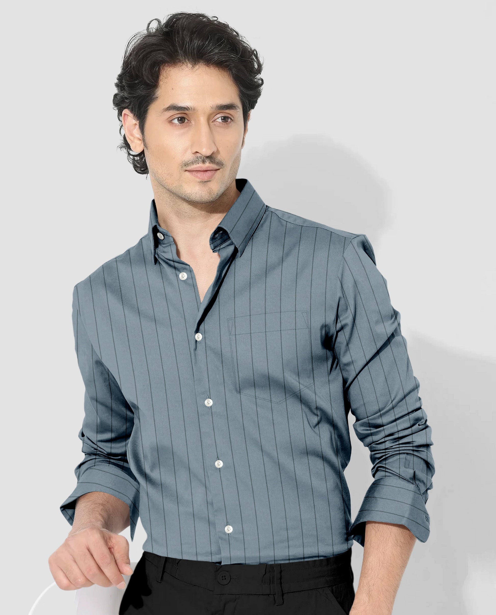 Apatite Blue and Pine Green Altered Broken Stripes Oxford Cotton Shirt