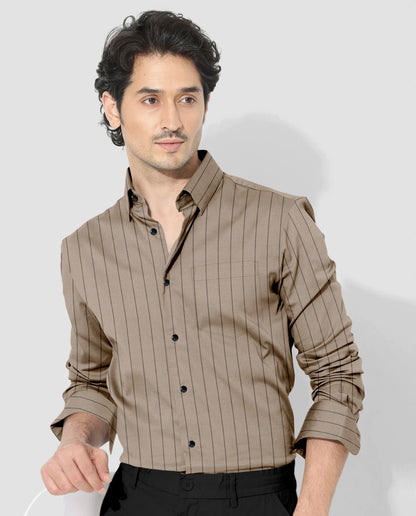 Seedpearl Beige and Raven Black Altered Broken Stripes Oxford Cotton Shirt