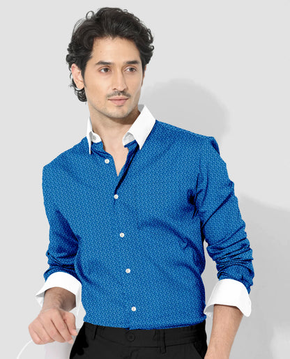 Federal Blue and White Chamomile Flower Printed Designer Cotton Shirt