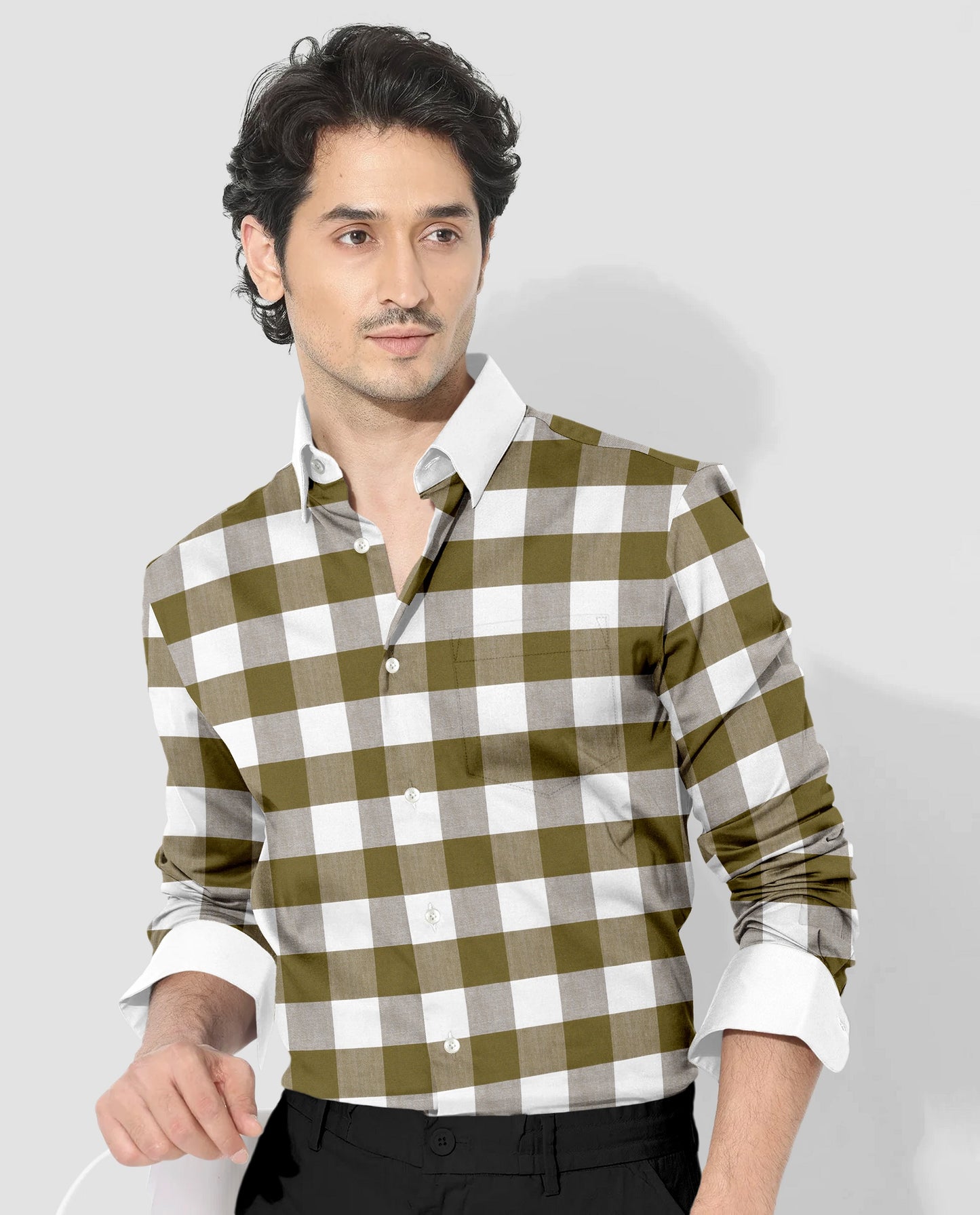 White and Ecru Olive Green Buffalo Checks Designer Cotton Shirt