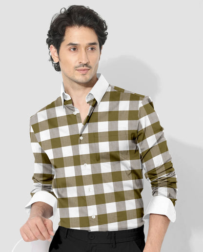 White and Ecru Olive Green Buffalo Checks Designer Cotton Shirt