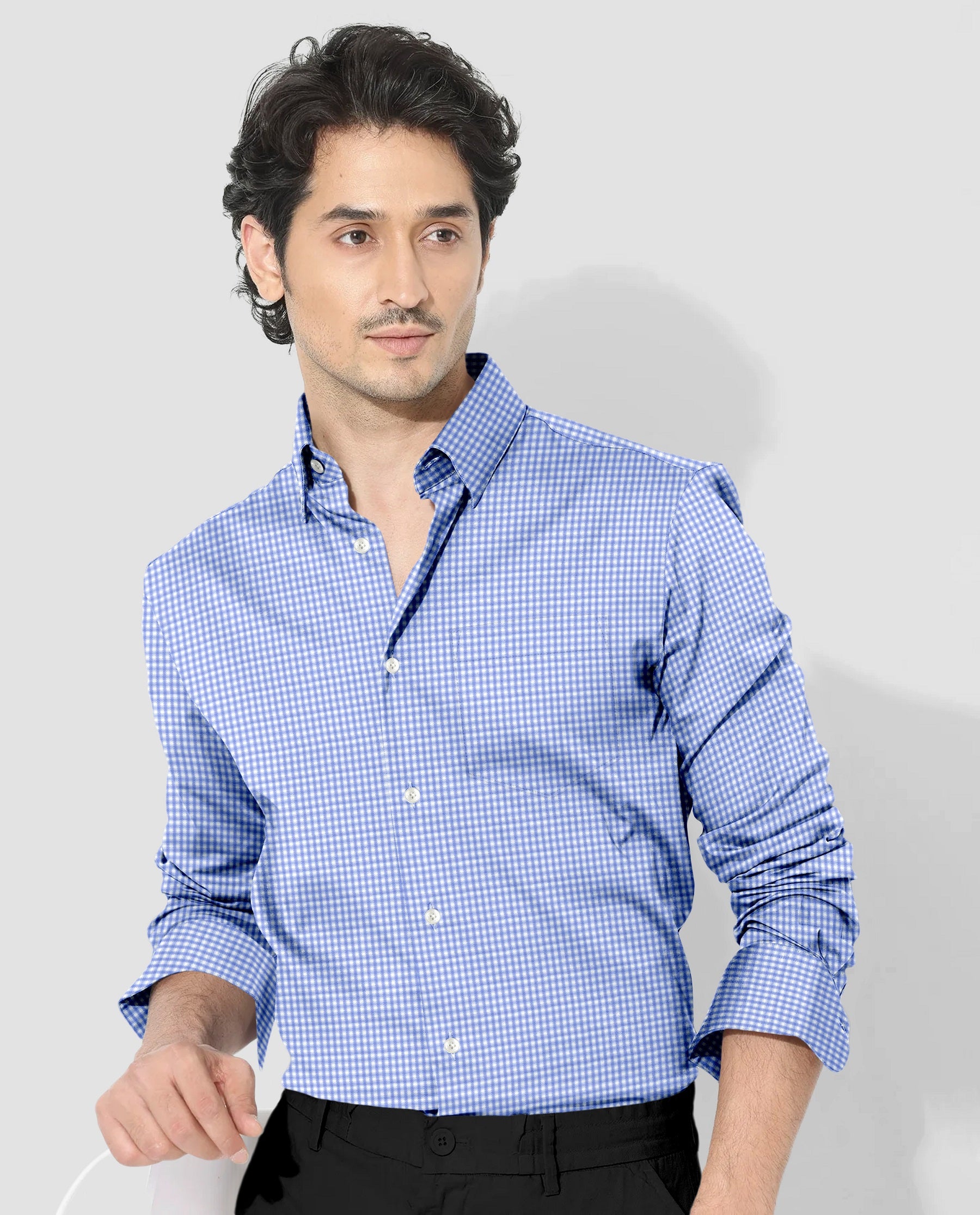 Neptune Blue and White Gingham Checks Cotton Shirt