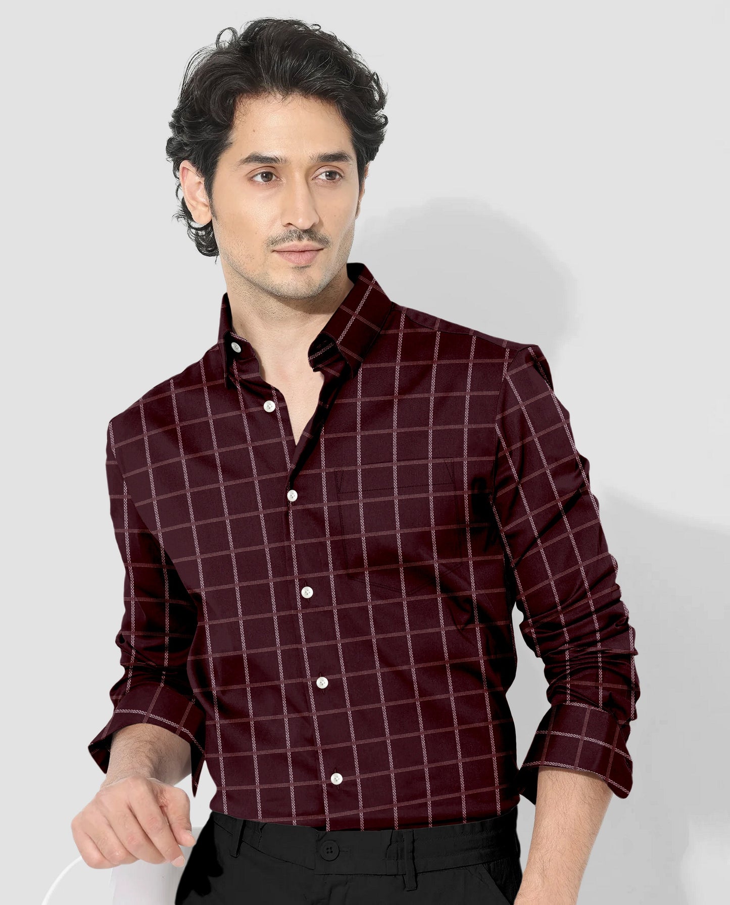 Huckleberry Maroon with White and Argan Brown Dash Checks Cotton Shirt