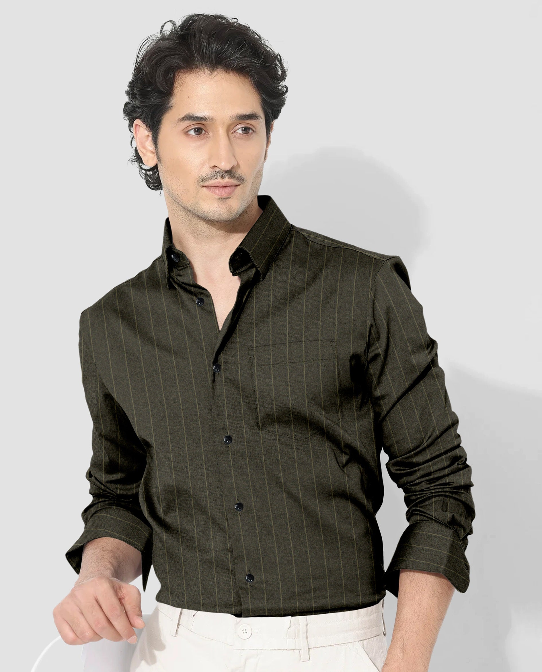 Cypress Green and Olive Green Pinstripes Oxford Cotton Shirt