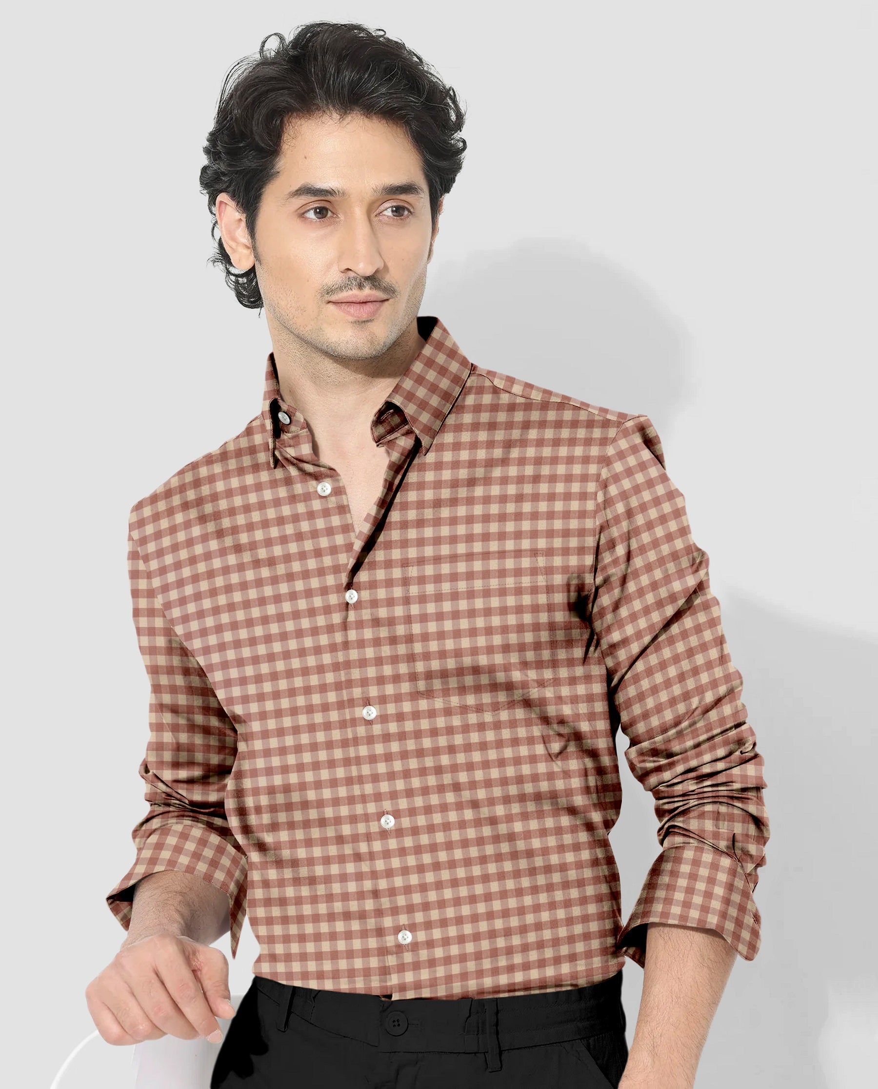 Beige and Peach Brown Gingham Checks 2 ply Cotton Shirt