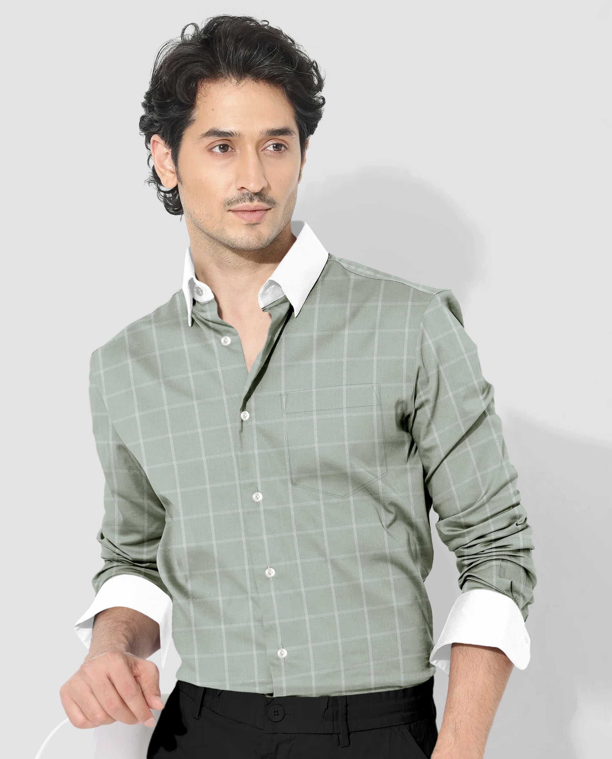 Celadon Green and Frost White Dash Checks Designer Cotton Shirt