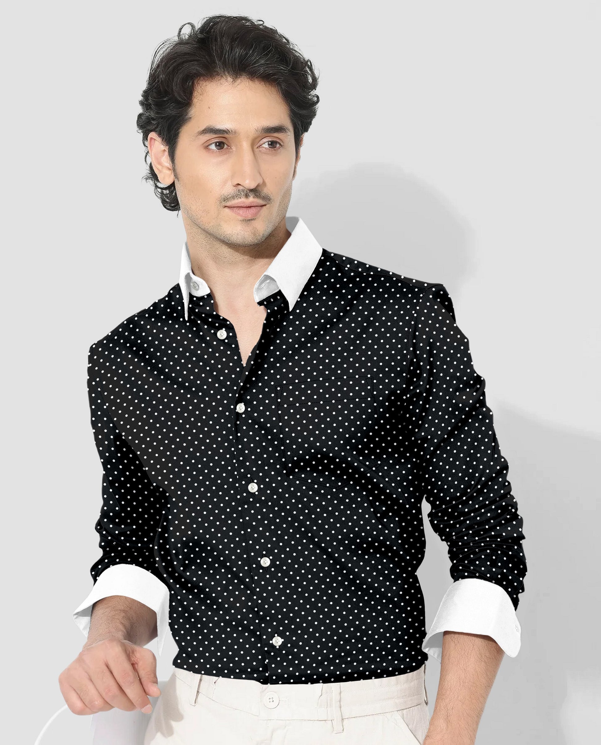 Carbon Black and White Polka Dots Printed Designer Cotton Shirt