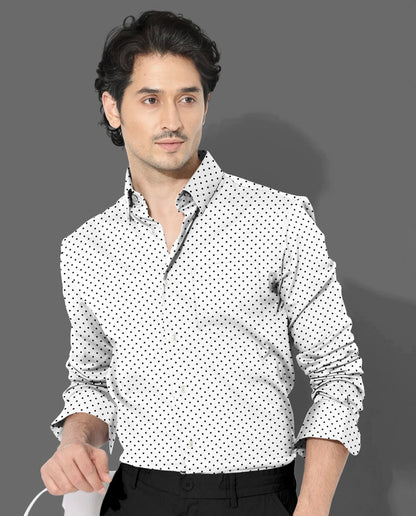 Milk White and Jet Black Polka Dots Printed Cotton Shirt