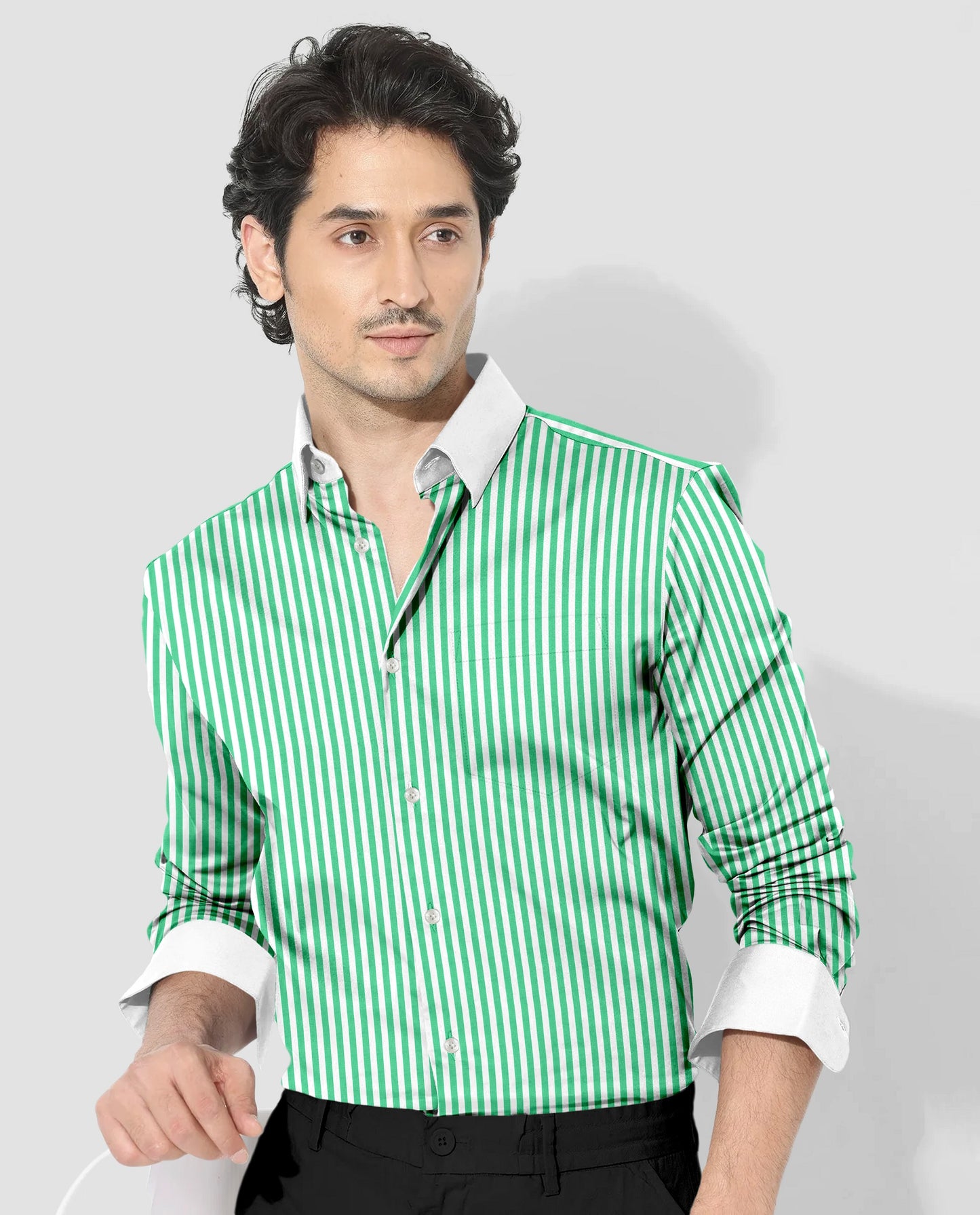 White and Zephyr Green Candy Stripes Designer Cotton Shirt