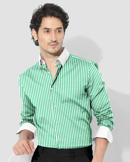 White and Zephyr Green Candy Stripes Designer Cotton Shirt