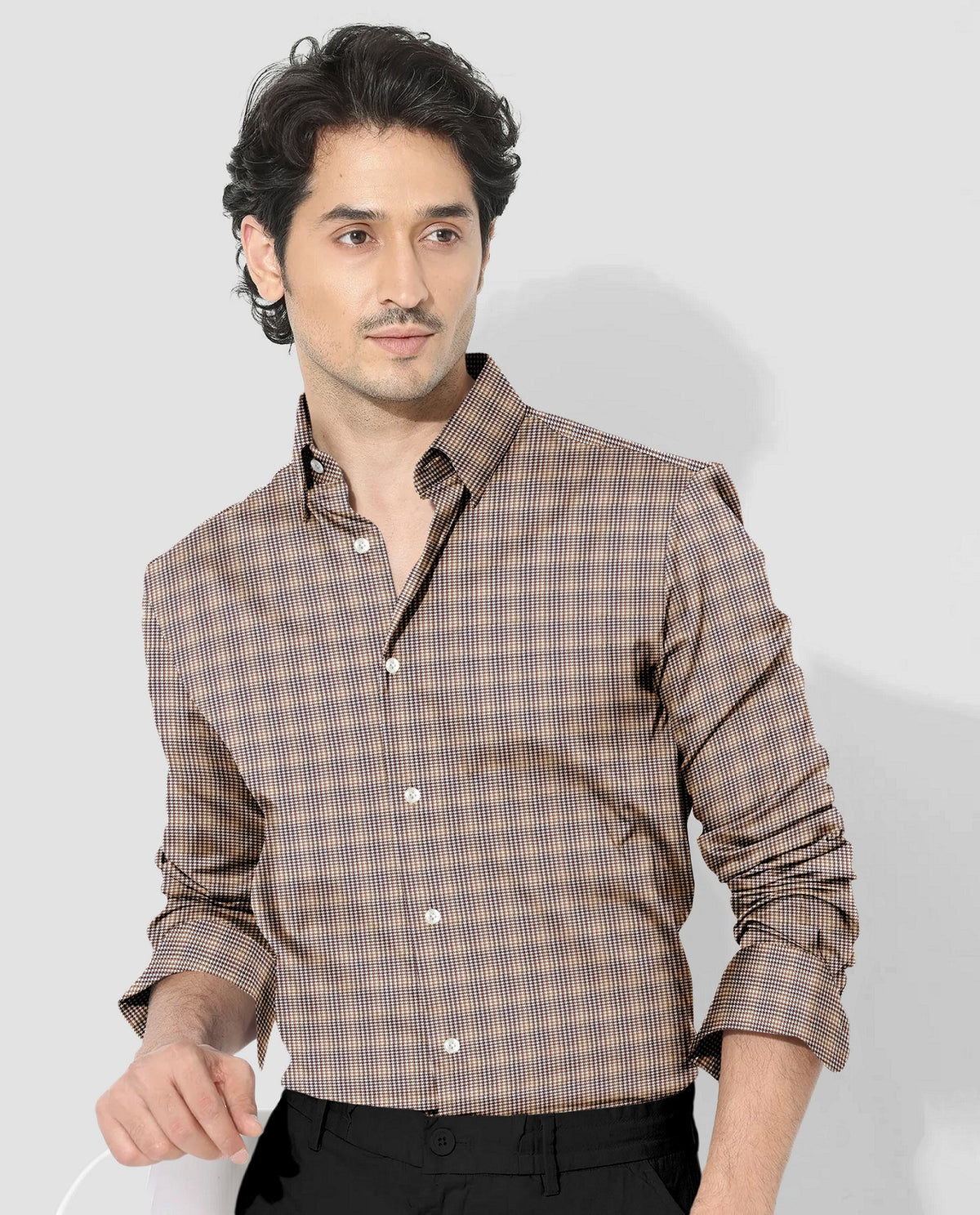 White with Wren Brown and Coffee Brown Hounds Tooth Checks 2 ply Giza Cotton Shirt