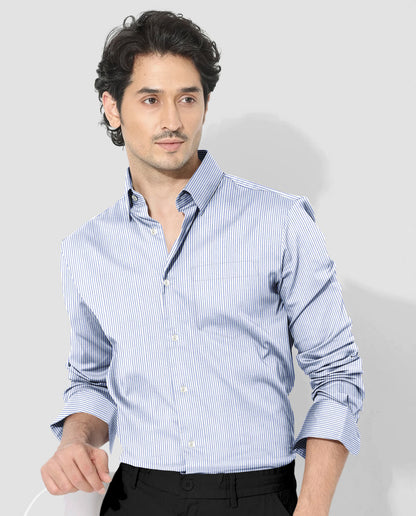 White with Mazarine Blue Stripes Cotton Shirt
