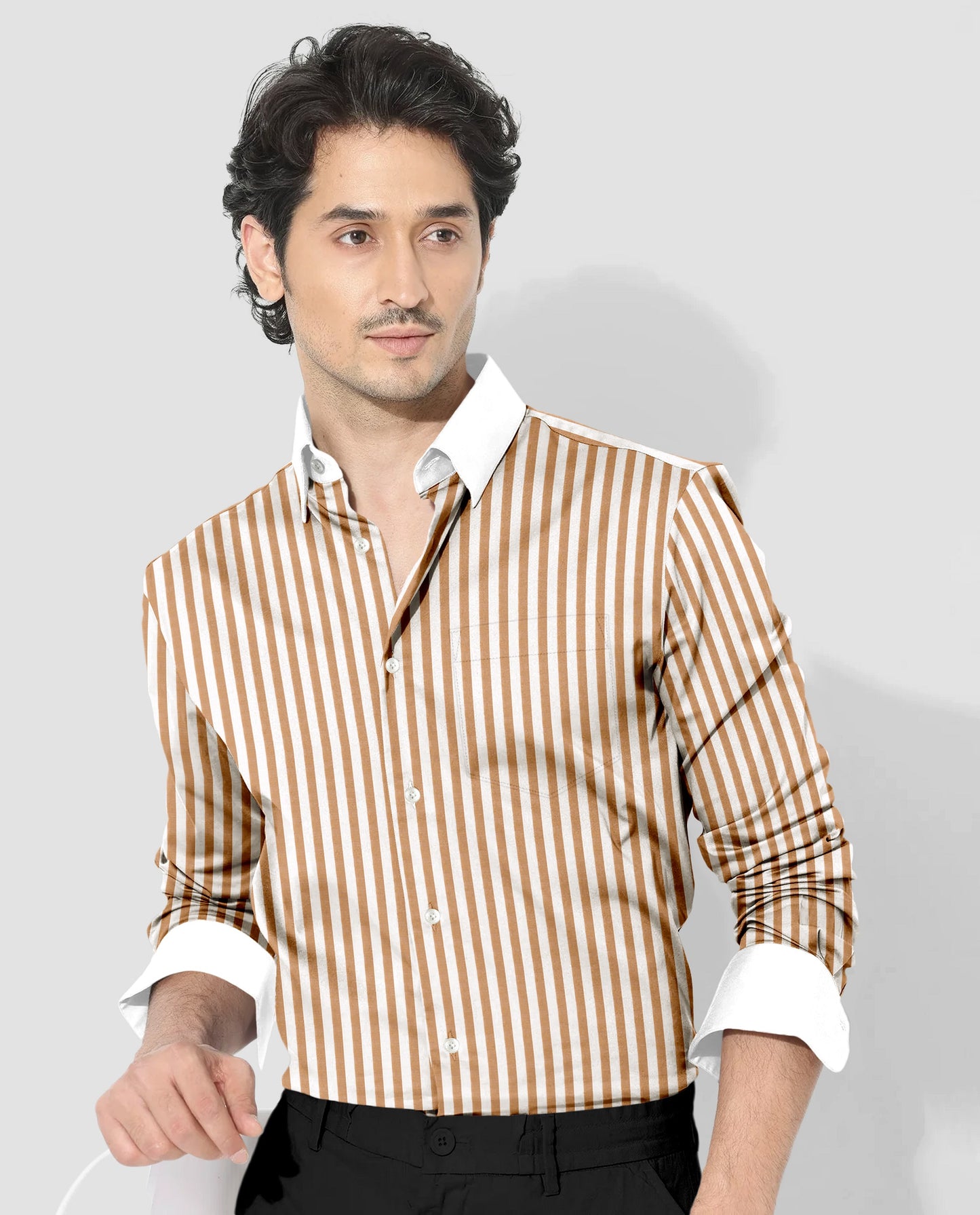 Wheat Brown and Milk White Stripes Oxford Structured Designer Cotton Shirt