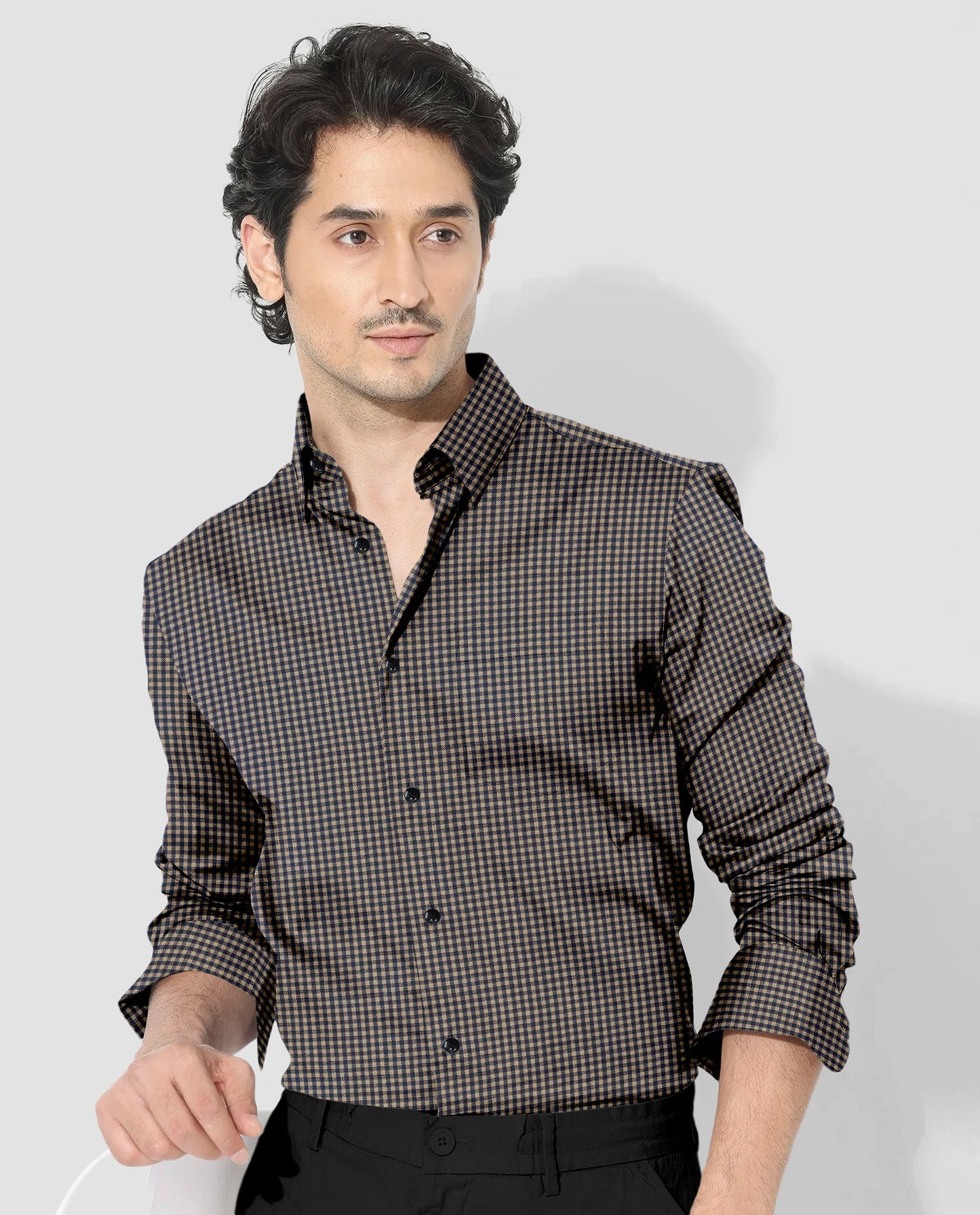 British Khaki and Midnight Blue Gingham Cotton Shirt