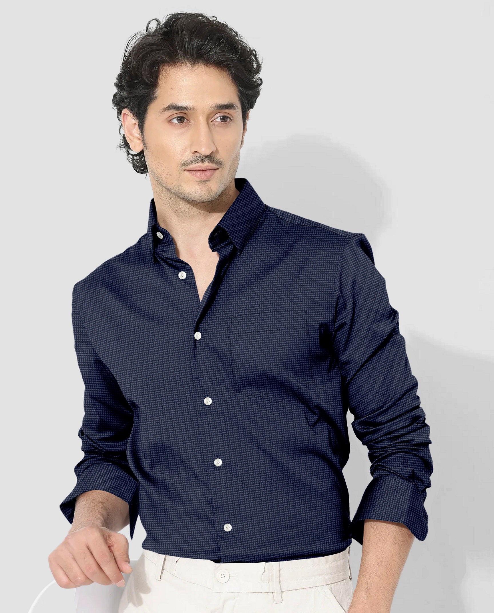 Coronet Blue And Cinder Gray Hounds Tooth Checks 2 Ply Giza Cotton Shirt