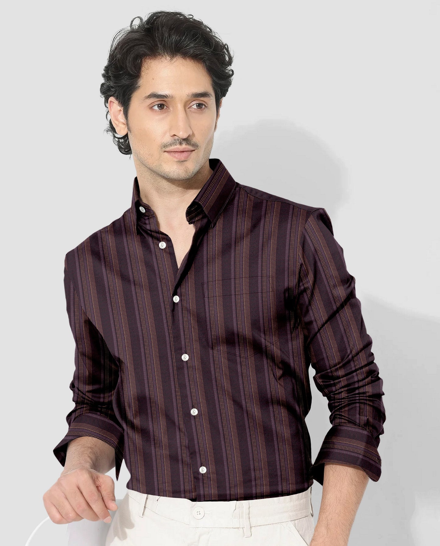 Black With Garnet Red and Beige with Moon White Dash Stripes 2 Ply Giza Cotton Shirt