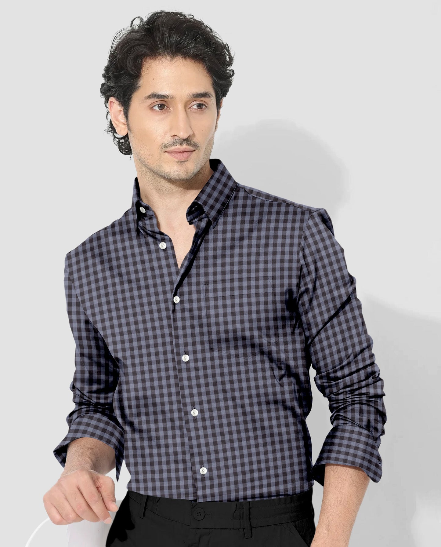 Niagara Blue and Mulch Brown Gingham Checks 2 ply Cotton Shirt