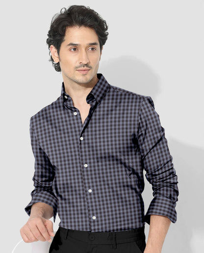 Niagara Blue and Mulch Brown Gingham Checks 2 ply Cotton Shirt