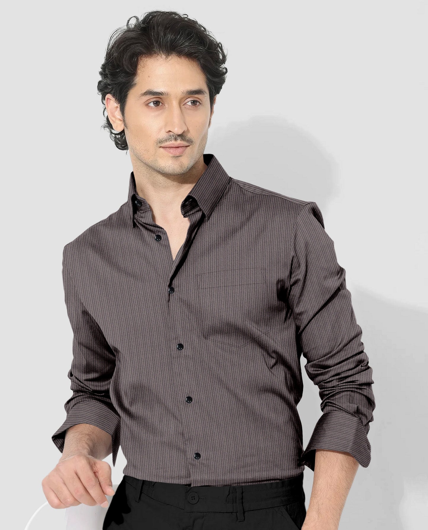 Jaspillite Brown and Coal Black Herringbone Stripes Oxford Cotton Shirt