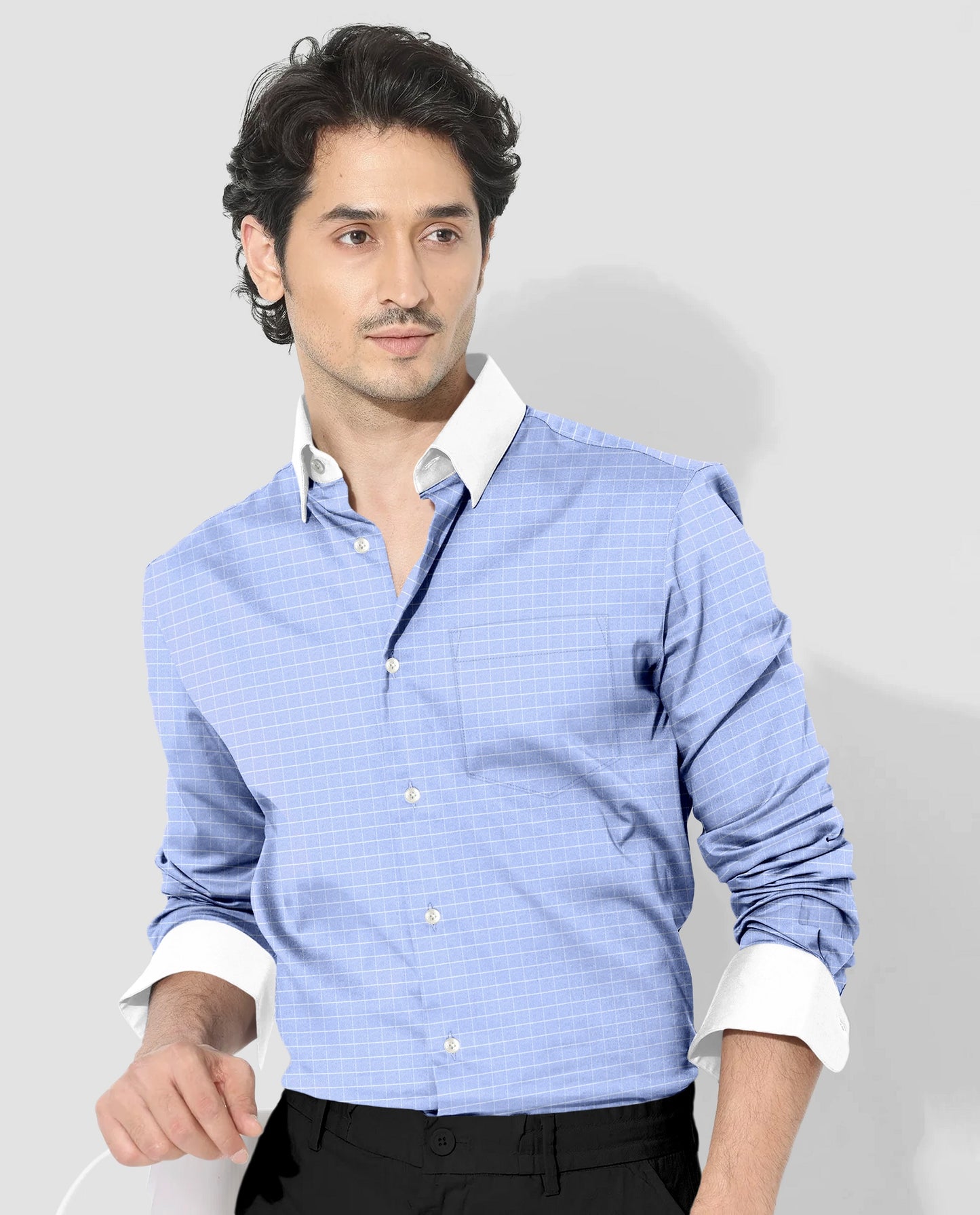 Hawkes Blue and Snow White Checks Designer Cotton Shirt